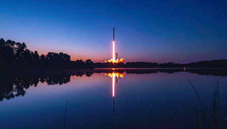 As twilight settles over a tranquil lake, a powerful rocket pierces the deep blue sky, embarking on a journey to the stars. Its fiery ascent casts a brilliant reflection on the calm water below, creating a stunning contrast between the serenity of nature and the ambition of human exploration.の素材