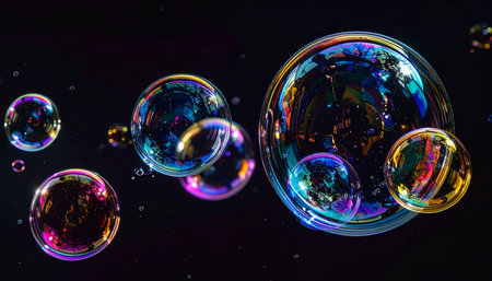 A cluster of iridescent soap bubbles floats serenely in the dark, each sphere a miniature world of swirling rainbow colors. The image captures a moment of fragile beauty and playful wonder, evoking feelings of magic, childhood innocence, and the delicate physics of light and liquid.の素材