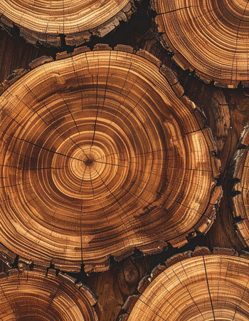 A collection of cross-sectioned tree trunks reveals the intricate story of time through their detailed annual growth rings. This warm, natural wood texture provides a rustic and organic background, symbolizing age, history, and the enduring strength of nature.の素材
