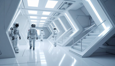 A dedicated crew of astronauts in advanced spacesuits walks purposefully through the brightly illuminated, sterile corridor of their spaceship. They are on a mission of discovery, venturing into the unknown to push the boundaries of human exploration and technology.の素材