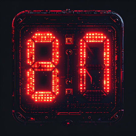 The red digits of a retro-futuristic clock burn brightly in the darkness, displaying a specific moment in time. This image evokes a sense of high-tech suspense and nostalgia, perfect for concepts related to deadlines, cyberpunk aesthetics, or digital countdowns.の素材