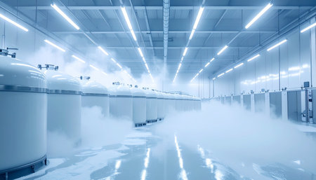 In a vast, sterile hall bathed in cool blue light, rows of automated machinery work in perfect synchrony. A fine mist hangs in the air, a byproduct of a precise and futuristic textile production process, showcasing the pinnacle of modern industrial innovation and efficiency.の素材