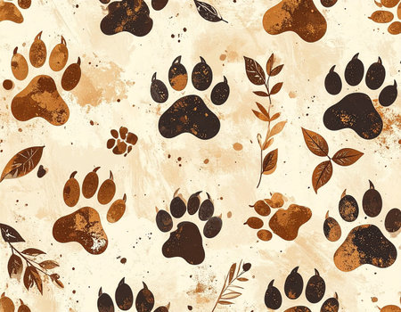 A seamless pattern of rustic watercolor paw prints and autumn leaves tells a story of a walk through the wilderness. Earthy tones and textured splatters create a natural, organic background perfect for projects related to nature, pets, and outdoor adventures.の素材
