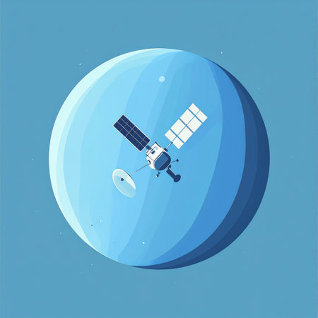 A lone satellite silently orbits a vast, serene blue planet, its solar panels gathering energy for its mission. It represents humanitys quest for knowledge, sending back vital data from the far reaches of the cosmos, connecting us to the mysteries of the universe.の素材
