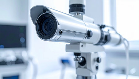 In a brightly lit, sterile clinic, a state-of-the-art ophthalmic slit lamp stands ready for a detailed eye examination. This precision instrument represents the pinnacle of modern vision care technology, essential for diagnosing and monitoring eye health with unparalleled accuracy.の素材