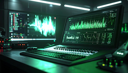 In a dimly lit control center, a powerful workstation analyzes complex audio waveforms, visualizing sound data in a vibrant green glow. This setup represents the cutting edge of digital signal processing, surveillance, or forensic audio investigation.の素材