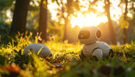 A small, friendly robot sits peacefully in a lush green forest, bathed in the warm, golden light of a setting sun. This image evokes a sense of harmony between technology and nature, symbolizing concepts like environmental AI, futuristic exploration, and the dawn of a new technological era.の素材