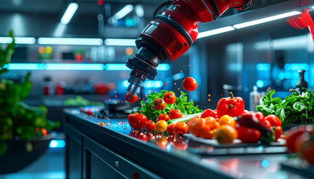 In a state-of-the-art kitchen bathed in cool, futuristic light, a sophisticated robotic arm precisely handles fresh vegetables. This scene captures the intersection of culinary arts and advanced automation, symbolizing the future of food preparation, efficiency, and gastronomic innovation.の素材