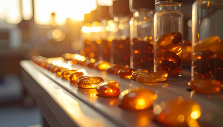 In a quiet workshop, a collection of raw and polished amber stones catches the last rays of the setting sun. Each piece, alongside small vials of samples, glows with an ancient, warm light, telling a story of natural history and geological treasure.の素材
