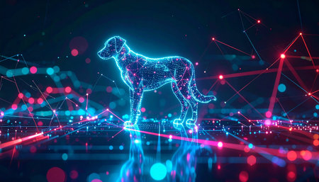 In the heart of cyberspace, a holographic dog materializes from streams of data. Its form, a glowing constellation of light, reflects on the digital plane, symbolizing concepts of artificial intelligence, virtual reality, and the future of digital existence.の素材
