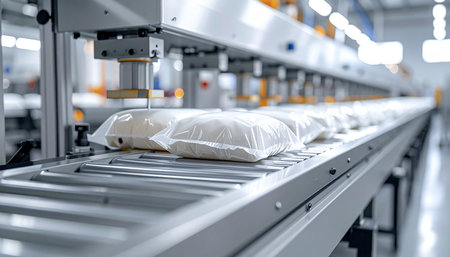 A glimpse into the heart of modern food production, where an automated conveyor system efficiently packages products for distribution. This image captures the precision and scale of the contemporary supply chain, highlighting technologys role in bringing goods to market.の素材