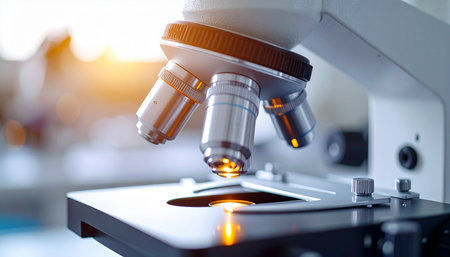 In a brightly lit, state-of-the-art laboratory, a powerful microscope stands ready. The warm glow of light through its lens symbolizes the dawn of a new discovery, promising a breakthrough in medical research and a brighter future for healthcare.の素材