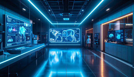 In a state-of-the-art command center, glowing blue neon lights illuminate vast digital screens displaying global data and complex analytics. This empty, futuristic hub hums with latent power, a silent testament to innovation and the future of research.の素材