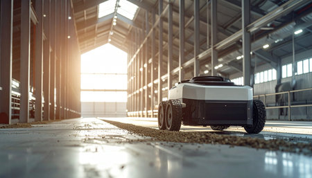 As the morning sun streams into a vast industrial warehouse, an autonomous delivery robot begins its daily route. This is the dawn of a new era in logistics, where smart technology and AI work seamlessly to power the future of commerce and distribution.の素材