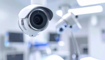 In a brightly lit, sterile laboratory, a state-of-the-art security camera provides constant, vigilant monitoring. This represents the intersection of advanced technology and healthcare, ensuring the safety of sensitive data, valuable equipment, and groundbreaking research.の素材