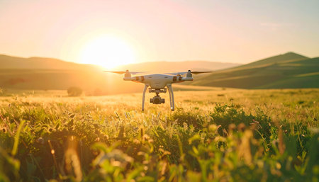 As the sun sets in a blaze of golden light, a modern quadcopter drone hovers low over a tranquil field. This image captures the intersection of technology and nature, symbolizing innovation in agriculture, aerial surveillance, and the peaceful exploration of rural landscapes.の素材