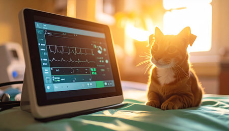 In the warm, hopeful glow of morning sunlight, a calm cat rests peacefully next to a modern vital signs monitor. This quiet moment captures the intersection of advanced veterinary technology and compassionate care, symbolizing a journey of healing and recovery.の素材