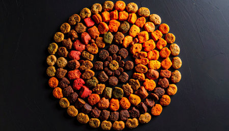 A vibrant mandala of sun-dried apricots unfolds in a mesmerizing spiral. From a deep, earthy center, the colors radiate outwards in a warm gradient of orange, red, and gold. This artistic arrangement on a dark background celebrates the natural sweetness and wholesome energy of the harvest, symbolizing abundance and order.の素材