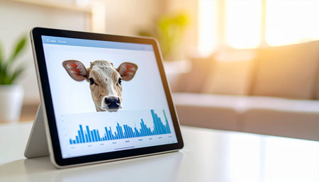 A digital tablet displays real-time data and analytics for livestock management, featuring a calfs portrait above a performance chart. This image represents the intersection of modern technology and agriculture, symbolizing concepts like smart farming, agritech innovation, and data-driven decisions in the cattle industry.の素材