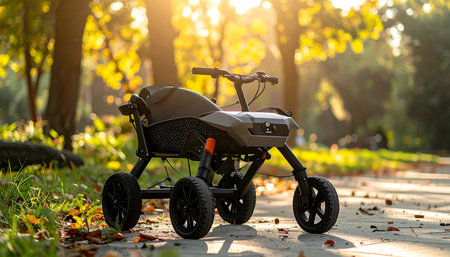 An innovative all-terrain mobility walker stands ready on a path in a sun-drenched autumn park. The golden light suggests a new day and the promise of freedom, independence, and enjoying the beauty of nature without limits.の素材