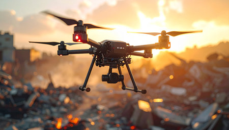 In the golden light of a setting sun, a high-tech surveillance drone hovers over the devastating aftermath of a disaster. Its camera scans the rubble, a symbol of modern technology being used for search, rescue, and assessment in a time of crisis.の素材