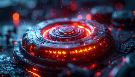 In the heart of a supercomputer, a powerful cybernetic core pulses with fiery red energy. This is the central processing unit of a next-generation artificial intelligence, processing vast amounts of data and driving the future of innovation and technological advancement.の素材