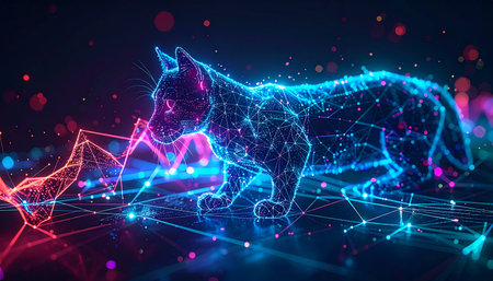 A luminous digital wolf, constructed from a glowing plexus of neon data points, stalks through a dark, abstract cyberspace. This powerful image represents concepts of artificial intelligence, future technology, network security, and the wild frontier of the metaverse.の素材