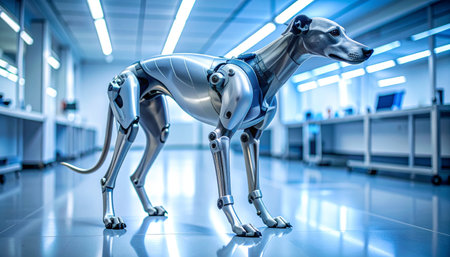 In a sterile, brightly lit laboratory, a marvel of modern engineering stands poised. This robotic greyhound, with its polished chrome chassis and intricate mechanics, represents the pinnacle of artificial intelligence and biomechanical design. It awaits its next command, a silent testament to the future of technology and companionship.の素材