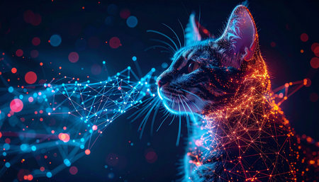 In a neon-drenched virtual world, a cybernetic cat exhales a cloud of interconnected data points. This visual metaphor captures themes of digital communication, network complexity, and the future of artificial intelligence.の素材