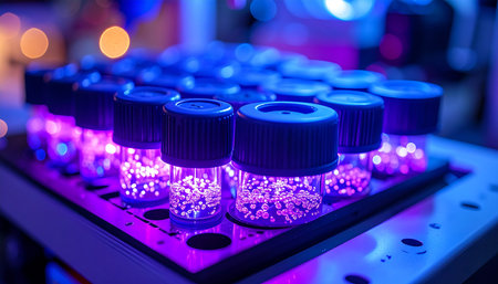 Under a mysterious purple and blue glow, vials containing a fluorescent substance await analysis in a high-tech laboratory. This image captures the cusp of a scientific breakthrough, symbolizing innovation, future technology, and the quest for a cure.の素材