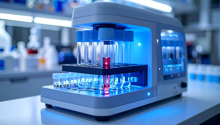 In a state-of-the-art laboratory, an automated sample processor with glowing blue lights meticulously analyzes vials, representing a breakthrough in medical diagnostics, pharmaceutical research, and the future of healthcare technology.の素材