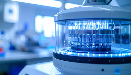 In a brightly lit, state-of-the-art laboratory, an advanced automated machine with glowing blue lights processes biological samples with unparalleled precision. This image represents the forefront of medical and scientific research, symbolizing innovation, discovery, and the future of healthcare technology.の素材