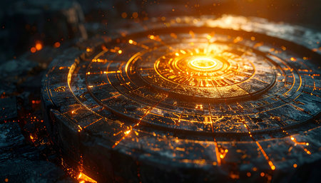 In a forgotten chamber, an ancient astrological device awakens, its intricate runes glowing with fiery cosmic energy. The air crackles with power as it reveals secrets of destiny, time, and the celestial unknown, a portal to forgotten magic and prophecy.の素材