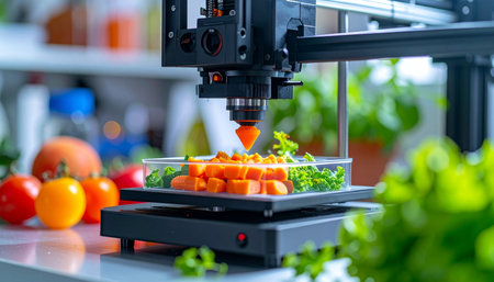 In a state-of-the-art lab, a 3D food printer meticulously constructs a gourmet meal from fresh, healthy ingredients. This image captures the intersection of culinary arts and advanced technology, showcasing a sustainable and innovative future for nutrition and dining.の素材