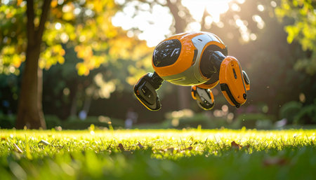 A friendly, futuristic robot companion joyfully hovers over a lush green lawn during a beautiful sunset. This image represents the harmonious integration of advanced artificial intelligence and the natural world, symbolizing a bright, innovative, and sustainable future.の素材