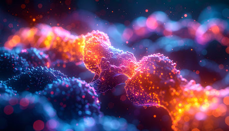 A vibrant visualization of a futuristic molecular network, where glowing particles of energy flow and connect. This abstract image represents concepts of scientific discovery, technological innovation, and the intricate systems that power our universe, from microscopic cells to cosmic data streams.の素材