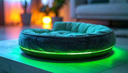 In a modern home filled with warm ambient light, a high-tech smart pet bed offers the ultimate comfort for a furry friend. Its integrated green neon glow provides a soothing, futuristic ambiance, showcasing the future of pet care and smart home technology.の素材