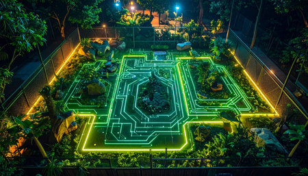 An aerial view captures a stunning fusion of nature and technology at night. A lush garden is transformed into a living circuit board, with glowing green and yellow pathways illustrating the flow of data through a futuristic, eco-friendly smart city.の素材