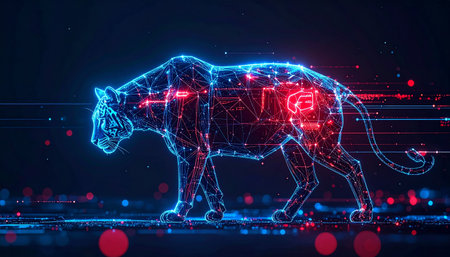 A digital tiger, formed from streams of glowing data and neon light, prowls through the circuits of a vast cyberspace. This powerful predator represents the speed of innovation, the strength of artificial intelligence, and the untamed energy of the digital frontier.の素材