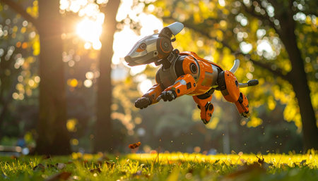 A futuristic robotic dog leaps with joy through a sun-drenched park during the golden hour. This image captures a harmonious blend of advanced technology and the simple beauty of nature, symbolizing a future of innovation, companionship, and playful freedom.の素材