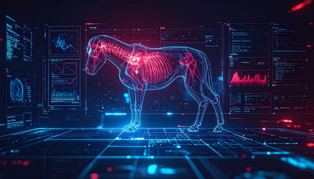 In a state-of-the-art virtual laboratory, a glowing holographic projection of a horse reveals its intricate anatomy. Data streams and diagnostic graphs surround the digital equine model, representing a breakthrough in veterinary science, biotechnology, and futuristic animal healthcare analysis.の素材