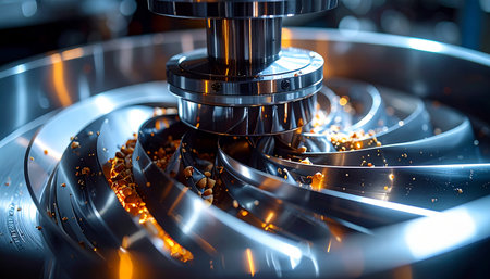 In a state-of-the-art factory, a CNC machine meticulously grinds a complex metal turbine component. Glowing sparks fly as the tool shapes the high-performance part, a testament to modern engineering, precision, and industrial power.の素材