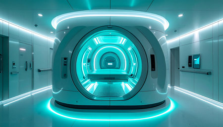 In a sterile, state-of-the-art laboratory, a futuristic medical imaging chamber glows with an ethereal turquoise light. This advanced diagnostic machine represents the pinnacle of healthcare innovation, ready to unlock the secrets of the human body.の素材