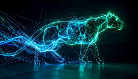 A powerful panther emerges from streams of digital data, its form crafted from glowing neon light. This ethereal predator symbolizes the fusion of raw, natural instinct with futuristic technology, representing concepts like speed, innovation, and digital transformation.の素材