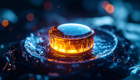 A luminous power core pulses with vibrant orange and blue energy, ready for activation. Set within a complex control panel, this button represents the ignition point for a groundbreaking technological advancement or a critical system launch.の素材