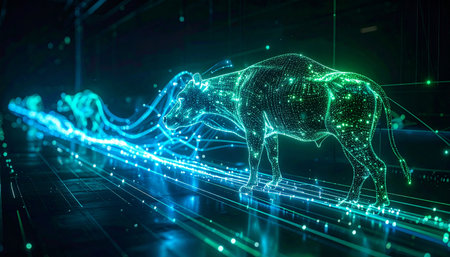 A luminous digital mammoth, resurrected from ancient data, walks a glowing highway of information. This powerful visual represents the intersection of prehistory and the future, symbolizing concepts like big data, digital archives, technological evolution, and the enduring power of information through time.の素材