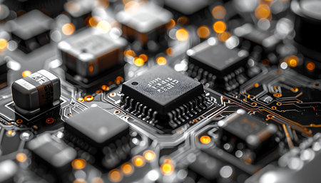 A detailed macro photograph captures the intricate world of a modern circuit board. At its heart, a central processing unit acts as the digital brain, surrounded by a complex network of components and pathways, all illuminated by a warm, glowing bokeh that suggests the constant flow of data and information. This image represents the core of innovation, computing power, and the future of technology.の素材