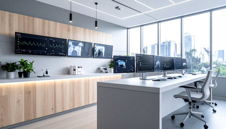 Inside a state-of-the-art command center, multiple screens display vital real-time data against a backdrop of a modern city skyline. The empty workstations suggest a powerful, automated system at work or a team poised for critical analysis and decision-making in a high-stakes environment.の素材