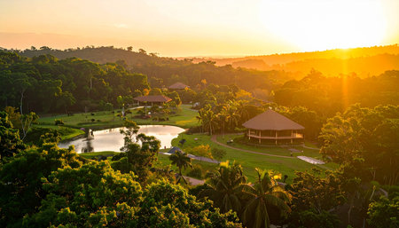 As the sun dips below the horizon, its golden rays illuminate a secluded resort nestled in the heart of a lush tropical jungle. A tranquil lake reflects the warm light, creating a scene of perfect peace and natural beauty, an idyllic escape from the everyday.の素材