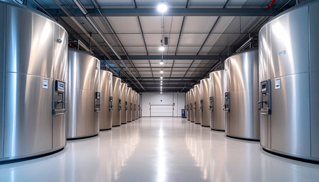 Inside a state-of-the-art facility, gleaming rows of stainless steel tanks line a long, sterile corridor, showcasing the precision and scale of modern beverage production and fermentation technology.の素材